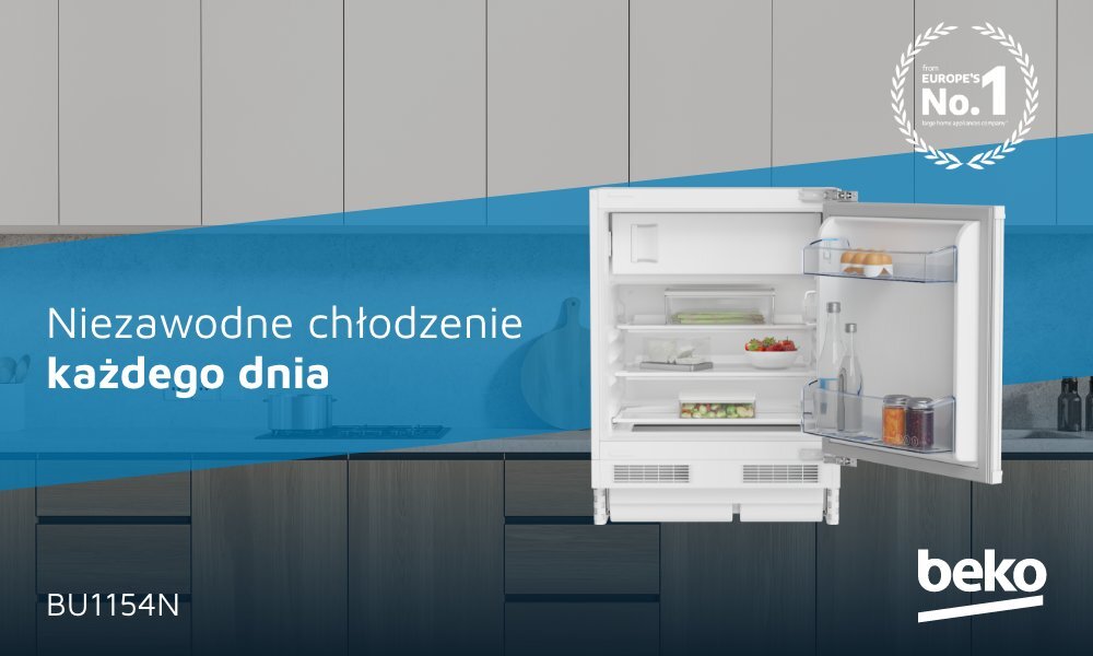Obraz przedstawia otwartą lodówkę z widocznymi półkami i produktami spożywczymi. Na niebieskim tle znajduje się tekst: \'Niezawodne chłodzenie każdego dnia\', a w dolnym rogu widnieje logo \'beko\'.