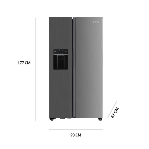 Lodówka w kolorze inox z dwoma drzwiami, wyposażona w kostkarkę i dystrybutor wody. Wymiary to 177 cm wysokości, 90 cm szerokości i 67 cm głębokości.