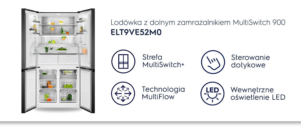 Obraz przedstawia otwartą lodówkę z dolnym zamrażalnikiem, wypełnioną różnymi produktami spożywczymi. Obok lodówki znajdują się ikony z napisami: \'Strefa MultiSwitch+\', \'Sterowanie dotykowe\', \'Technologia MultiFlow\', \'Wewnętrzne oświetlenie LED\'.