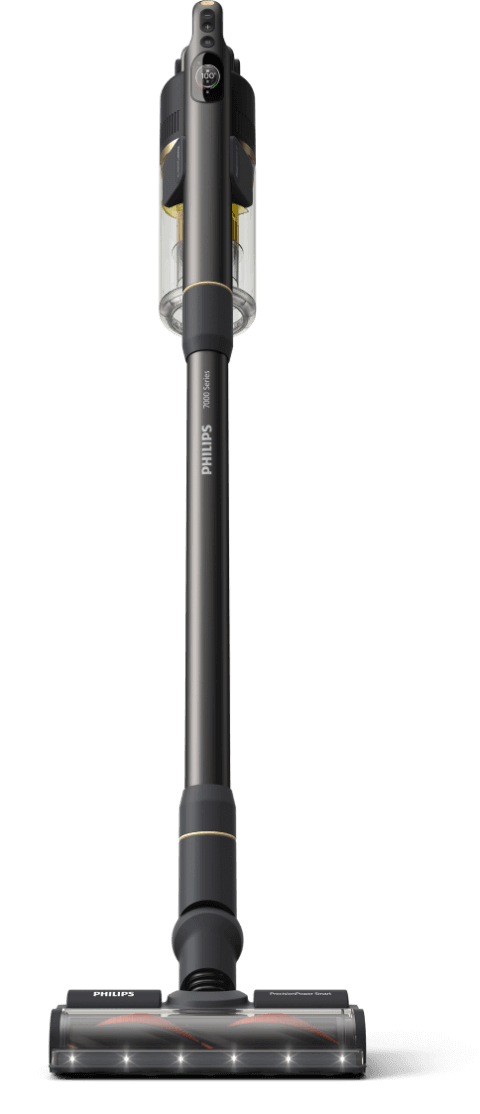 Odkurzacz pionowy z przezroczystym pojemnikiem na kurz i szczotką z podświetleniem LED. Na rurze widoczny jest napis \'PHILIPS Aqua 7000\'.