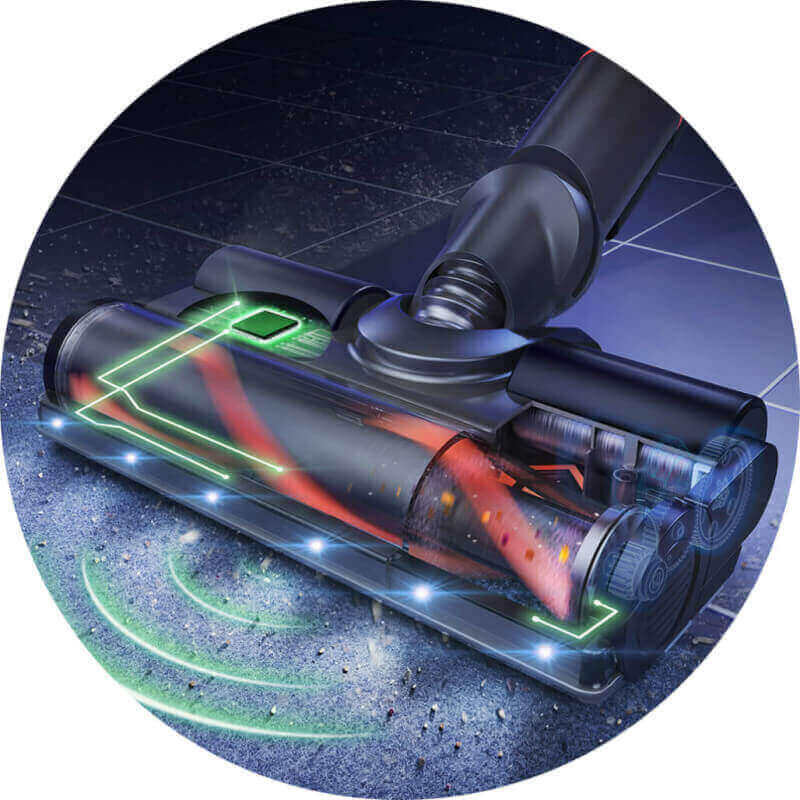 Obraz przedstawia głowicę odkurzacza z widocznymi elementami świetlnymi i szczotką. Podłoga jest pokryta drobnymi zanieczyszczeniami, a wokół głowicy widoczne są zielone linie świetlne.