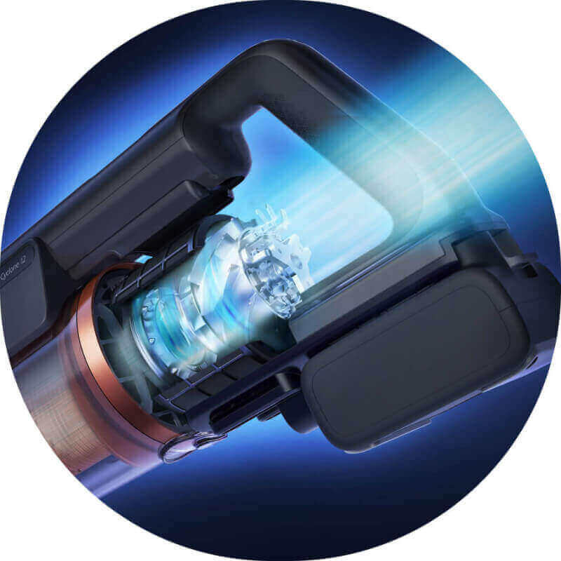 Obraz przedstawia zbliżenie na wnętrze odkurzacza z widocznym mechanizmem i niebieskim światłem. Konstrukcja jest nowoczesna, z elementami w kolorze czarnym i miedzianym.