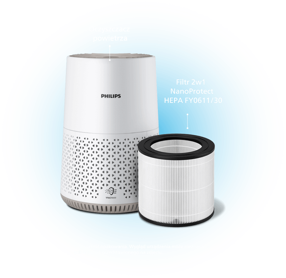 Na obrazie znajduje się oczyszczacz powietrza marki PHILIPS oraz filtr 2w1 NanoProtect HEPA FY0611/30. Widoczny jest napis \'Zawartość opakowania. Wygląd urządzenia może nieznacznie odbiegać od przedstawionego na zdjęciu.\'