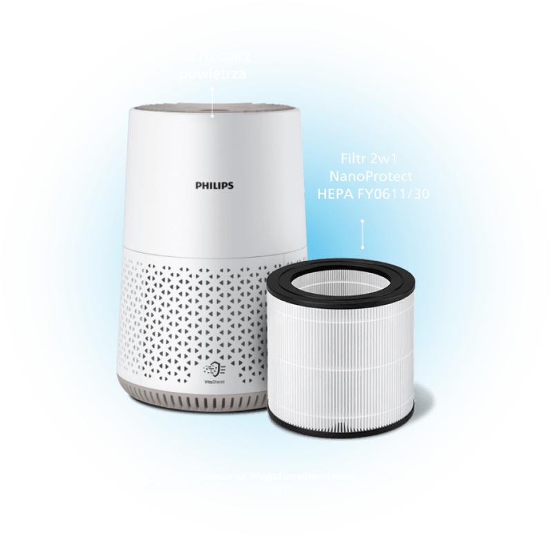 Na obrazie znajduje się biały oczyszczacz powietrza z logo PHILIPS oraz filtr 2w1 NanoProtect HEPA FY0611/30. W dolnej części widoczny jest napis: \'Zawartość opakowania. Wygląd urządzenia może nieznacznie odbiegać od przedstawionego na zdjęciu.\'