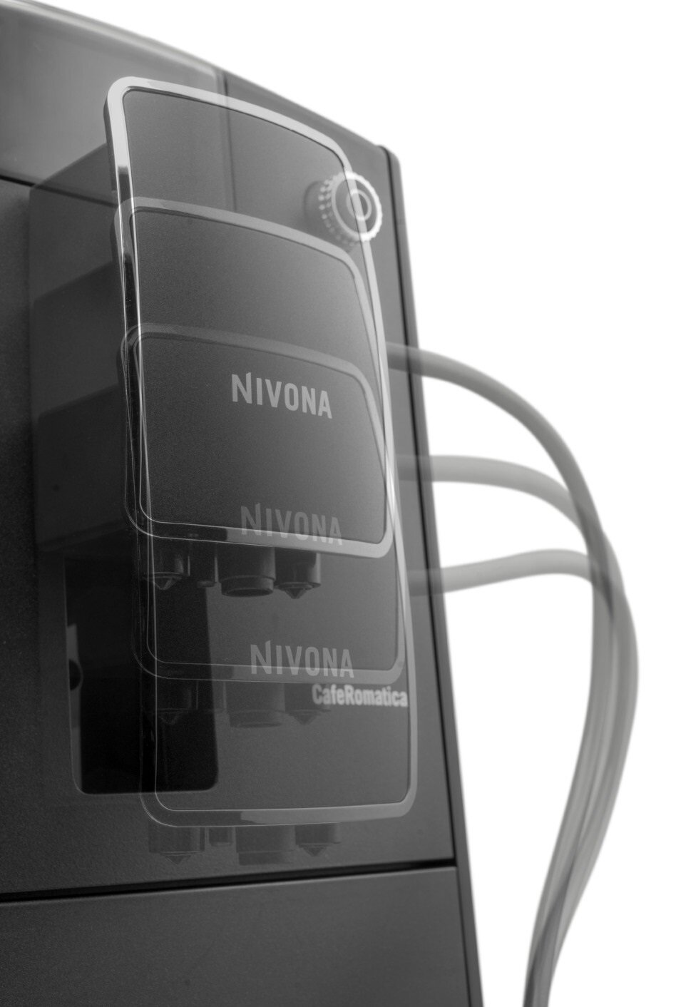 Czarny ekspres do kawy z widocznym logo \'NIVONA\' oraz napisem \'CafeRomatica\'. Urządzenie ma przezroczystą osłonę i kilka przycisków na panelu przednim.