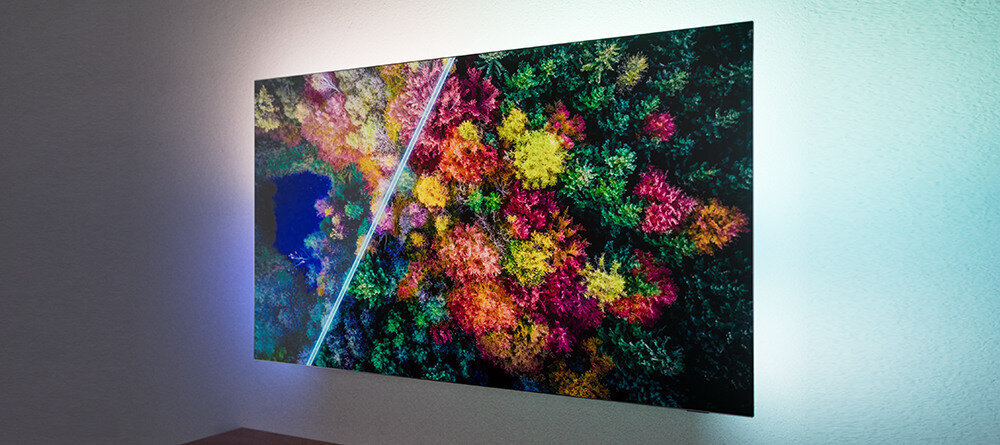 Telewizor wyświetla kolorowy obraz lasu z widocznymi drzewami w różnych odcieniach zieleni, żółci i czerwieni. Światło Ambilight rozświetla ścianę wokół telewizora, tworząc efektowne tło.