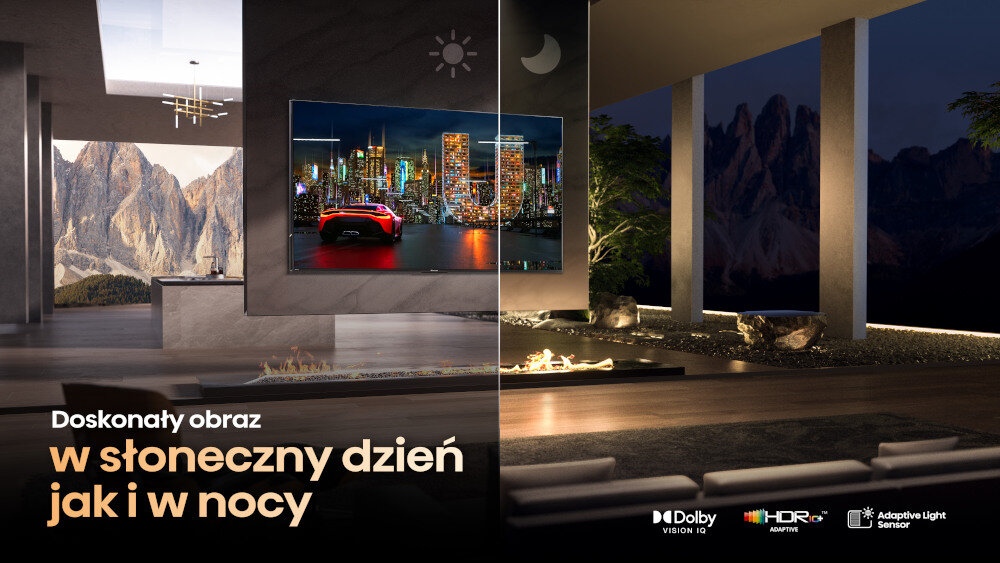 Wnętrze nowoczesnego domu z widokiem na góry, z telewizorem wyświetlającym miasto nocą. Tekst na obrazie: \'Doskonały obraz w słoneczny dzień jak i w nocy\'.
