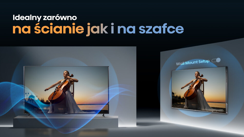 Obraz przedstawia dwa telewizory wyświetlające kobietę grającą na wiolonczeli, z tekstem \'Idealny zarówno na ścianie jak i na szafce\'.