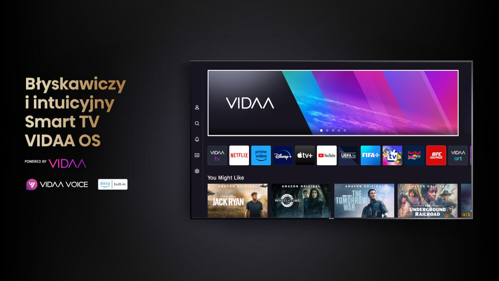 Obraz przedstawia ekran telewizora z interfejsem VIDAA OS, na którym widoczne są ikony aplikacji takich jak Netflix, Prime Video, Disney+, i inne. Po lewej stronie znajduje się tekst: \'Błyskawiczny i intuicyjny Smart TV VIDAA OS POWERED BY VIDAA VOICE\'.