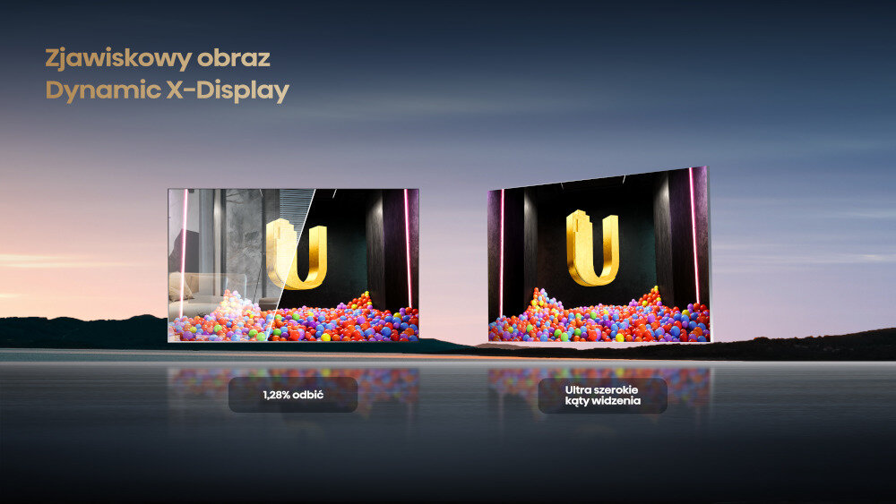Obraz przedstawia dwa telewizory z kolorowymi kulkami na ekranach, z napisem \'Zjawiskowy obraz Dynamic X-Display\'. Pod telewizorami znajdują się napisy: \'1,28% odbić\' i \'Ultra szerokie kąty widzenia\'.