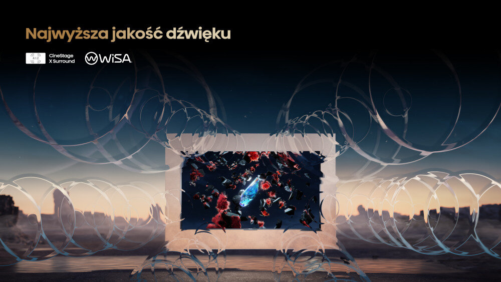 Obraz przedstawia telewizor z dynamiczną grafiką na ekranie, otoczony efektami dźwiękowymi w formie fal. Na górze widnieje tekst \'Najwyższa jakość dźwięku\' oraz logotypy CineStage X Surround i WiSA.