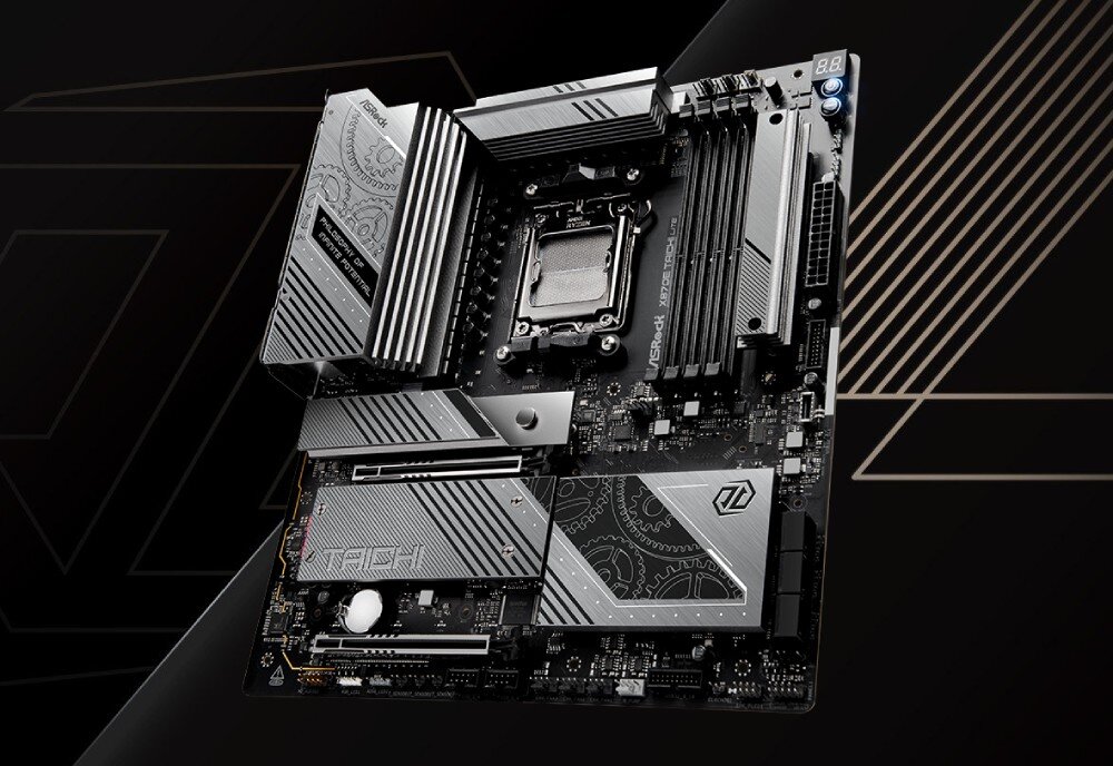 Na obrazie widoczna jest płyta główna z oznaczeniami \'Taichi\' i \'ASRock\', z wyraźnymi elementami chłodzenia i gniazdami na pamięć RAM. Tło jest ciemne z geometrycznymi wzorami.