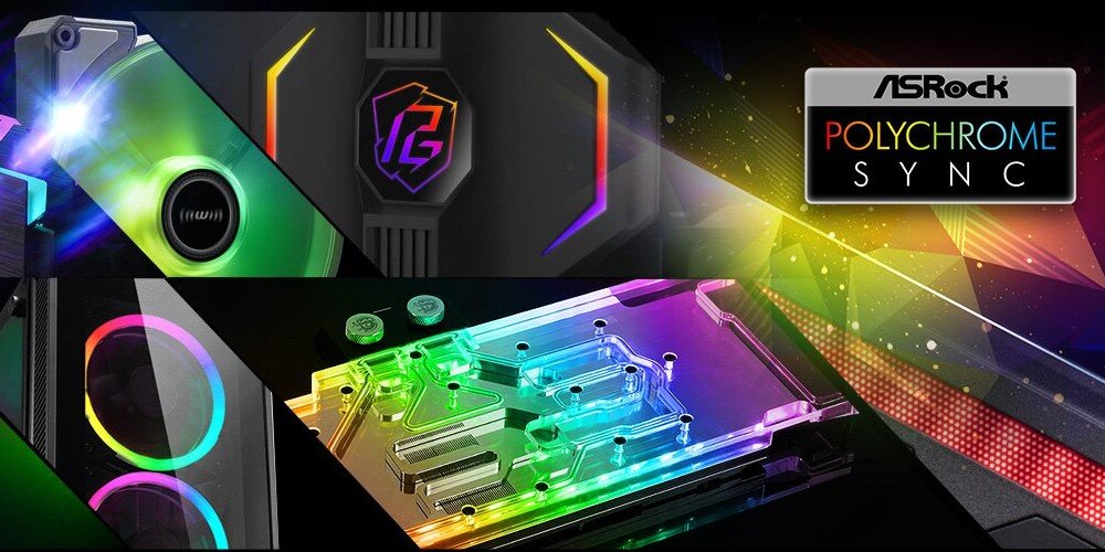 Obraz przedstawia elementy komputera z podświetleniem RGB oraz logo ASRock Polychrome Sync. Widoczne są kolorowe efekty świetlne na komponentach elektronicznych.