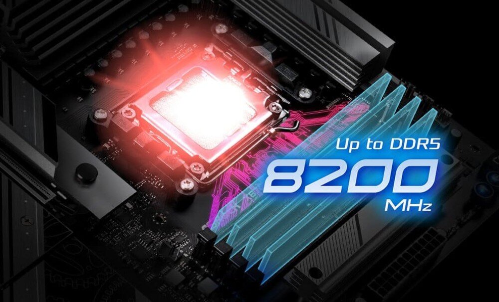 Obraz przedstawia fragment płyty głównej z podświetlonym procesorem oraz tekstem \'Up to DDR5 8200 MHz\'.