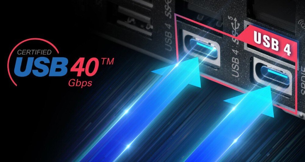 Obraz przedstawia dwa porty USB oznaczone jako \'USB 4\', z niebieskimi strzałkami wskazującymi na nie. Po lewej stronie widoczny jest napis \'CERTIFIED USB 40 Gbps\'.