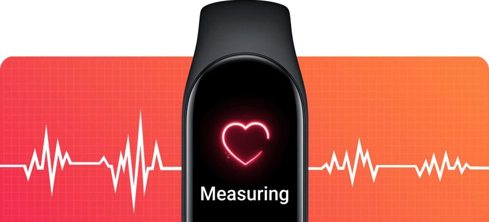 Czarny smartband z wyświetlaczem pokazującym ikonę serca i napis \'Measuring\'. W tle widoczny jest wykres EKG na czerwonym tle.