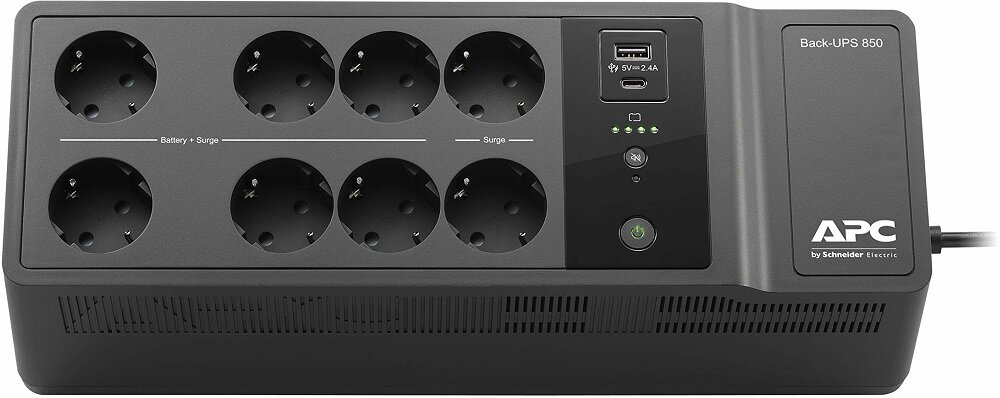 Zasilacz UPS z ośmioma gniazdami, portem USB i przyciskiem zasilania. Na obudowie widoczne są napisy: \'Battery + Surge\', \'Surge\', \'Back-UPS 850\' oraz logo \'APC by Schneider Electric\'.