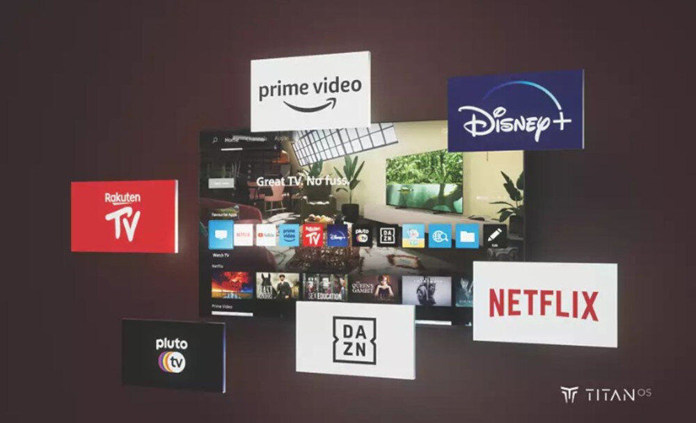 Obraz przedstawia ekran telewizora z interfejsem użytkownika, na którym widoczne są ikony aplikacji takich jak Netflix, Disney+, Prime Video, Rakuten TV, Pluto TV i DAZN. W prawym dolnym rogu znajduje się logo Titan OS.