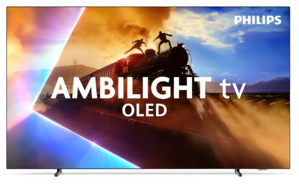 Telewizor z wyświetlonym dynamicznym obrazem przedstawiającym pociąg i dwie postacie na jego dachu, z tekstem \'AMBILIGHT tv OLED\'. W prawym górnym rogu widoczne jest logo \'PHILIPS\'.