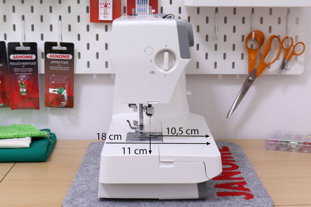 Na obrazie znajduje się maszyna do szycia z oznaczeniami wymiarów: 18 cm, 10,5 cm i 11 cm. W tle widoczne są akcesoria do szycia oraz logo JANOME.