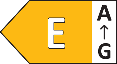 Etykieta energetyczna z literą \'E\' na żółtym tle oraz skalą od \'A\' do \'G\'.