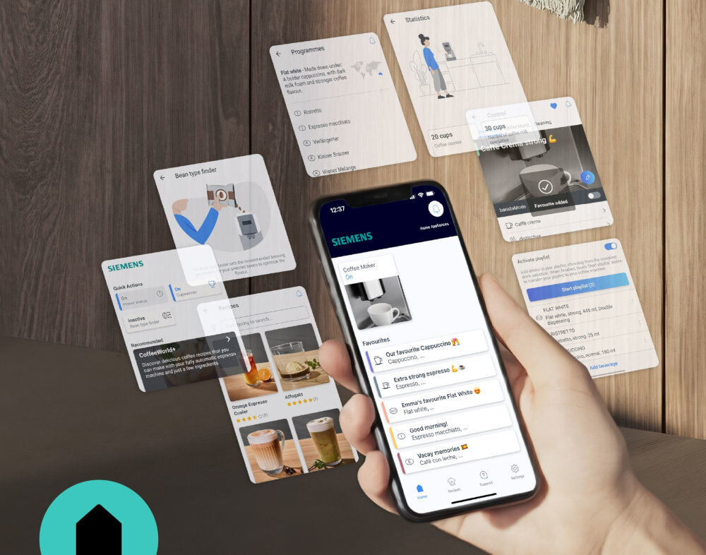 Osoba trzyma smartfon z aplikacją SIEMENS, na ekranie widoczne są opcje dotyczące ekspresu do kawy. W tle unoszą się karty z informacjami o programach i statystykach związanych z ekspresem.