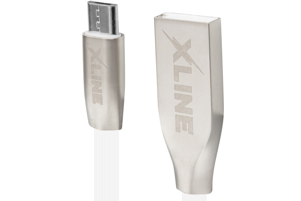 Na obrazie widoczny jest kabel USB z metalowymi końcówkami, na których znajduje się napis \'XLINE\'.