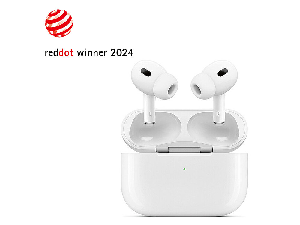 Białe słuchawki dokanałowe w etui ładującym z widocznymi oznaczeniami \'L\' i \'R\'. Na górze obrazka znajduje się tekst \'reddot winner 2024\'.