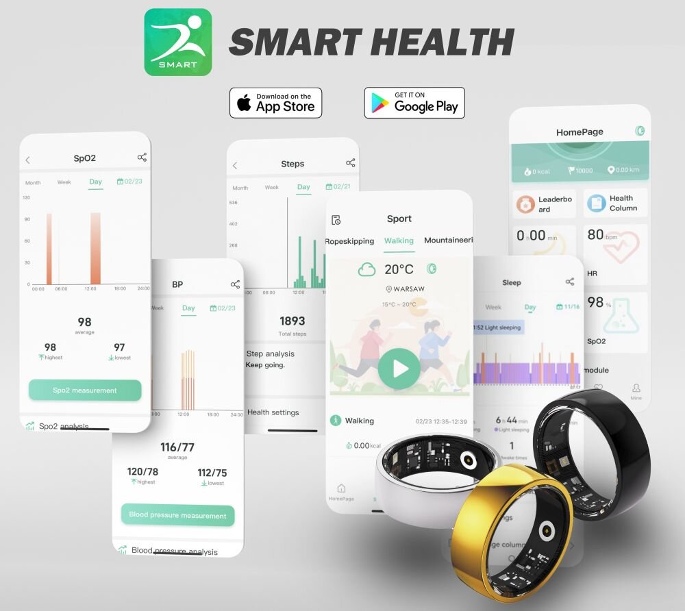 Obraz przedstawia aplikację \'SMART HEALTH\' z różnymi ekranami, takimi jak SpO2, Steps, BP, Sport, Sleep i HomePage. Na dole widoczne są trzy pierścienie w kolorach srebrnym, złotym i czarnym.