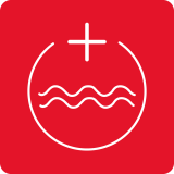 Czerwony kwadrat z białym symbolem przedstawiającym okrąg z falistą linią i plusem nad nim.