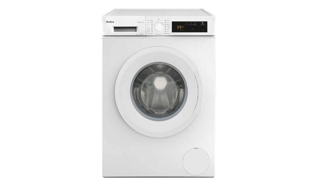 Biała pralka z widocznym logo \'Amica\' na panelu sterowania. Panel zawiera pokrętło, przyciski oraz wyświetlacz cyfrowy.