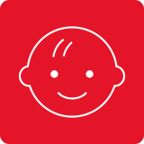 Czerwona ikona z białym konturem uśmiechniętej twarzy dziecka.