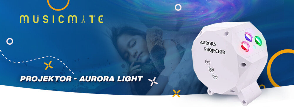 Obraz przedstawia projektor z napisem \'AURORA PROJECTOR\' oraz kolorowymi diodami. W tle widoczna jest śpiąca osoba, a na górze napis \'MUSICMATE\'.