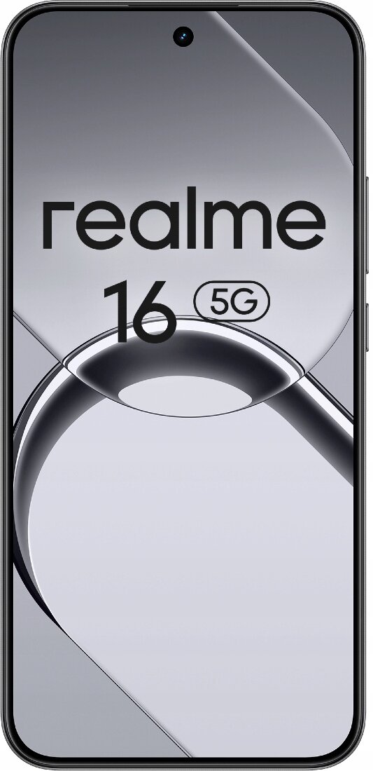 Smartfon z wyświetlaczem wypełniającym niemal całą przednią powierzchnię, z centralnie umieszczonym otworem na aparat. Na ekranie widoczny jest napis \'realme 16 5G\'.