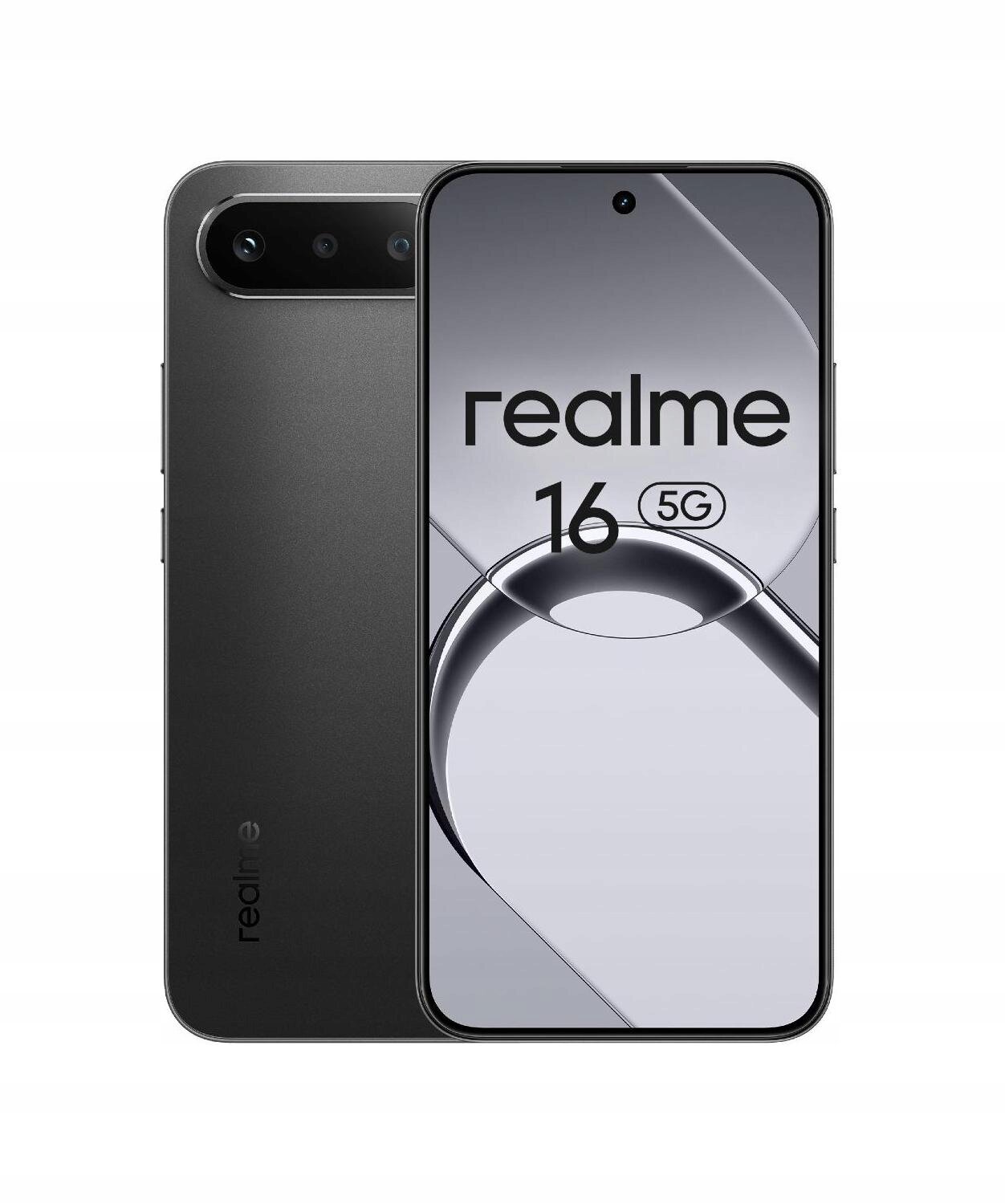 Na obrazie widoczny jest czarny smartfon z napisem \'realme 16 5G\' na ekranie. Z tyłu urządzenia znajduje się logo \'realme\' oraz trzy obiektywy aparatu.