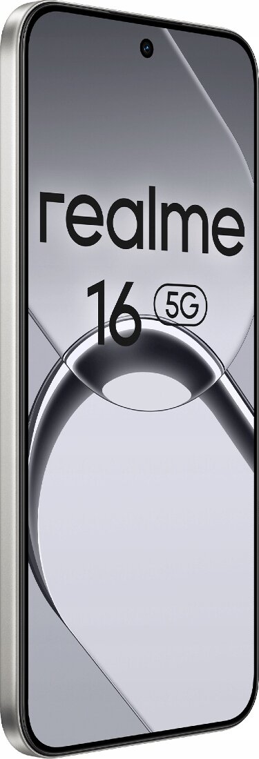 Smartfon z wyświetlaczem w kolorze srebrnym, na którym widoczny jest napis \'realme 16 5G\'.