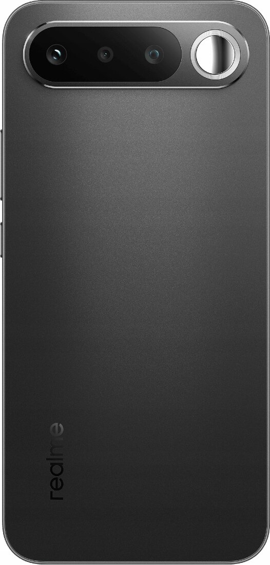 Czarny smartfon z trzema obiektywami aparatu i logo \'realme\' na obudowie.