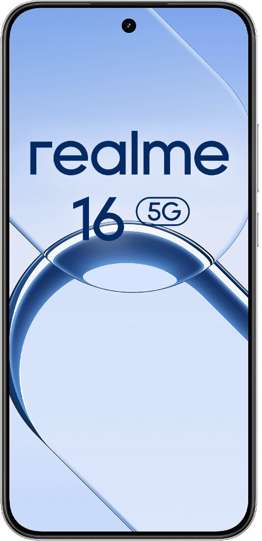 Smartfon z wyświetlaczem wypełniającym niemal całą przednią powierzchnię, z centralnie umieszczonym otworem na aparat. Na ekranie widoczny jest napis \'realme 16 5G\'.