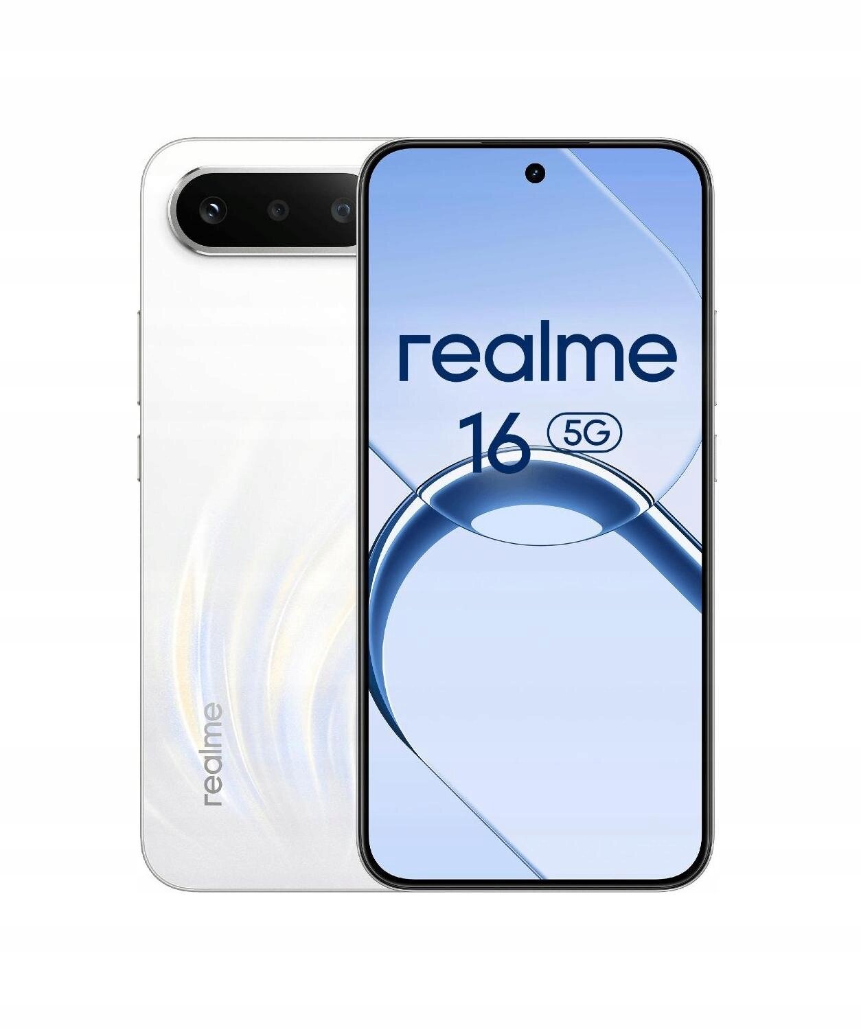 Na obrazie widoczny jest biały smartfon z napisem \'realme 16 5G\' na ekranie. Z tyłu urządzenia znajduje się logo \'realme\' oraz trzy obiektywy aparatu.