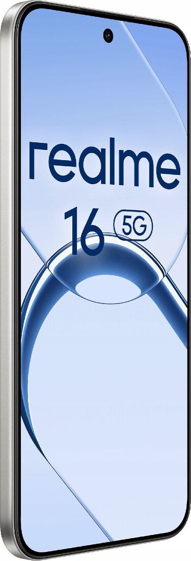 Smartfon z wyświetlaczem w kolorze niebieskim, na którym widnieje napis \'realme 16 5G\'.