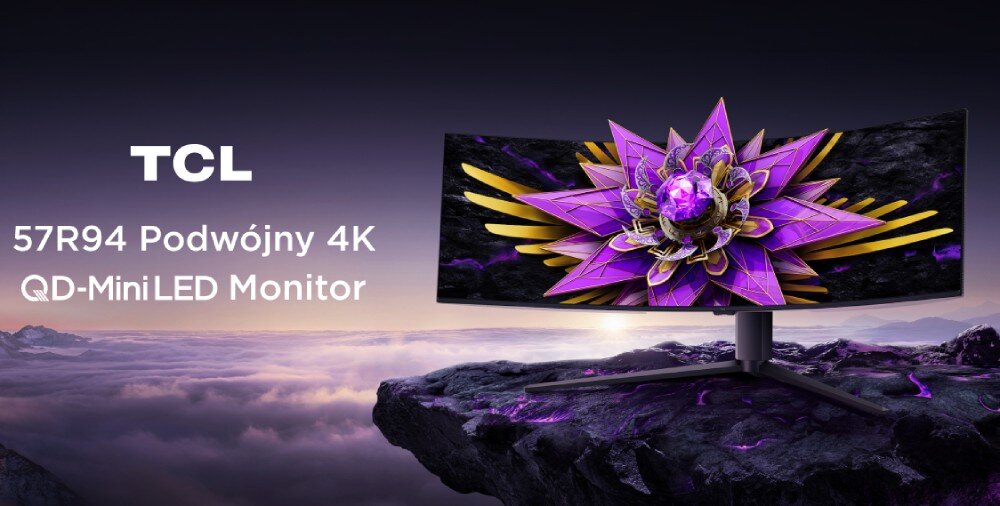 Monitor TCL 57R94 TCL 57R94 — Key Visual w biurze premium + dynamiczna scena HDR + widok 32:9 + slogan True HDR Professional Monitor