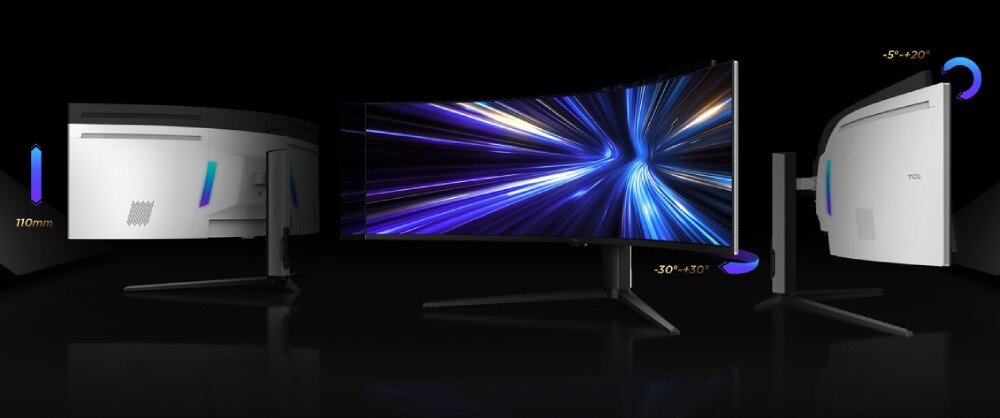 Monitor TCL 57R94 Regulowana podstawa Universal stand monitora 57R94 — regulacja wysokości 110 mm, pochylenie -5°/+20°, obrót w bok -30°/+30° oraz montaż VESA 100x100