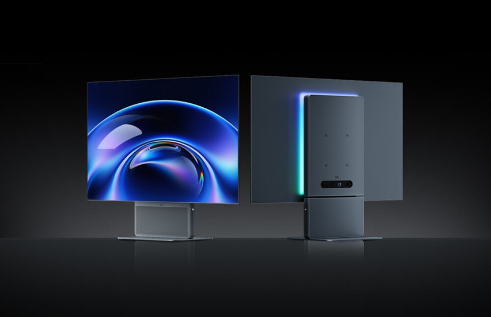 Monitor TCL 32X3A Dwa monitory z poświatą Stargate Glow — front z bańką i tył pokazujący Stargate Glow oraz smukły design