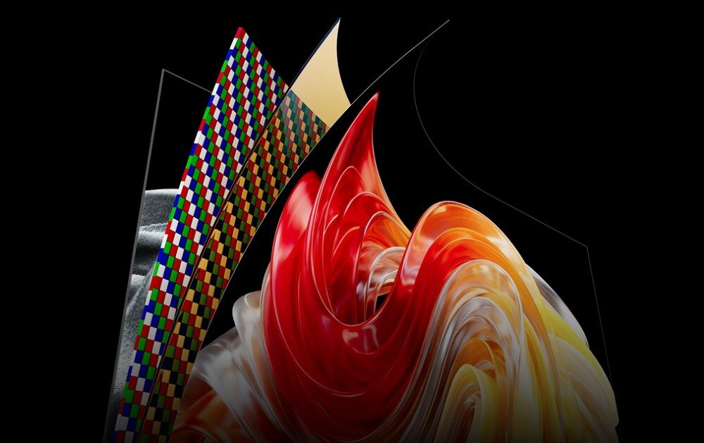 Monitor TCL 32X3A Abstrakcyjna fala kolorów + paleta wzorców — wizualizacja głębi obrazu OLED+ z 1,07 miliarda kolorów