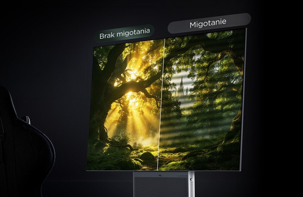 Monitor TCL 32X3A Komfort dla oczu — porównanie 'Brak migotania' vs 'Migotanie' na obrazie lasu