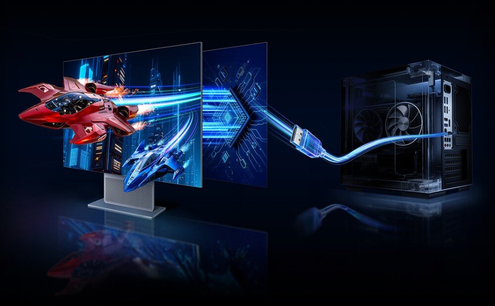 Monitor TCL 32X3A Render: PC + kabel USB-C łączący się z monitorem — komplet złączy DP 2.1 / USB-C 90 W / HDMI 2.1