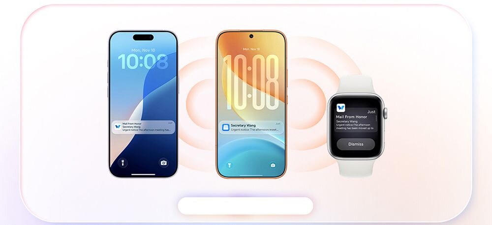 Na obrazie widoczne są dwa smartfony i smartwatch, każdy z wyświetlonymi powiadomieniami. Na ekranach smartfonów widnieje godzina 10:08, a na smartwatchu powiadomienie \'Mail From Honor\'.