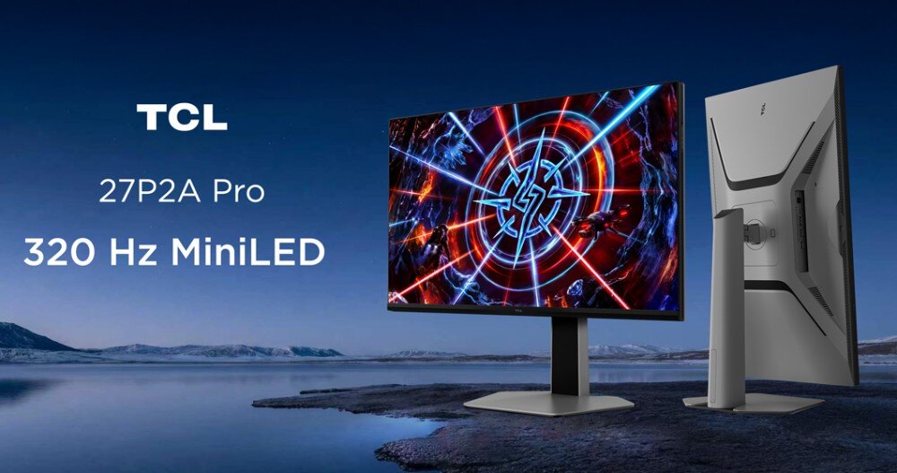 Monitor TCL 27P2A Pro TCL 27P2A Pro — gamingowy monitor MiniLED 320 Hz, widok z przodu i z tyłu na tle górskiego krajobrazu