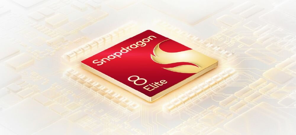 Obraz przedstawia złoty układ scalony z czerwonym panelem, na którym widnieje napis \'Snapdragon 8 Elite\'.