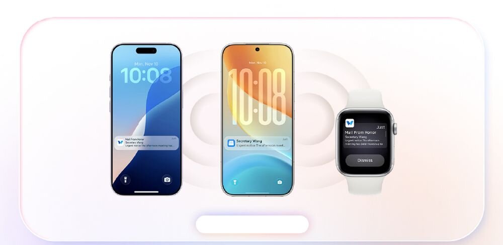 Na obrazie widoczne są dwa smartfony i smartwatch na jasnym tle. Na ekranach urządzeń wyświetlane są godziny i powiadomienia, a smartwatch ma czarny ekran z białym tekstem.